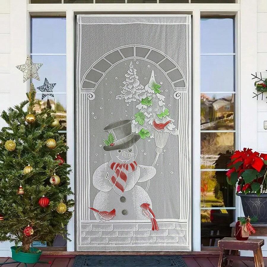 2-Piece Christmas Curtain Set With Colorful Christmas Tree And Snowman Pattern - Lace, Rod Pocket, Semi-Opaque New Christmas Curtain With Colorful Patterns - Lace Trees And Snowmen, Semi-Opaque