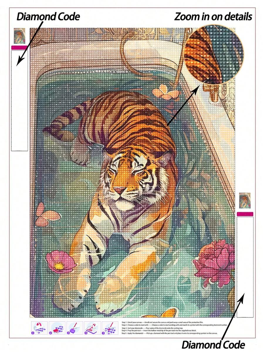 | 5D DIY Diamond Painting | Animal Diamond Art Set, Featuring A Tiger Elegantly Resting In A Bathtub. Rhinestones Full Mosaic Crafts Kit. HD Art Diamond. Gift Diamond Painting, Concentrate And Calm Your Mood Through DIY. - Multicolor - View 1