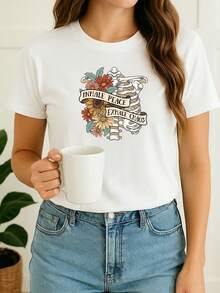 Women's Babylook T-Shirt Old School Skeleton Rib Flowers Phrase Swag Streetwear Minimalist Printed 100% Cotton Various Colors Cute Tumblr Blogger - 白色 - 查看 2