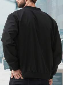 大码户外运动休闲立领棒球夹克，纯色拉链飞行夹克带衬里，适合健身训练和休闲穿着，是送给男朋友、丈夫、父亲的绝佳礼物 - 黑色 - 查看 4