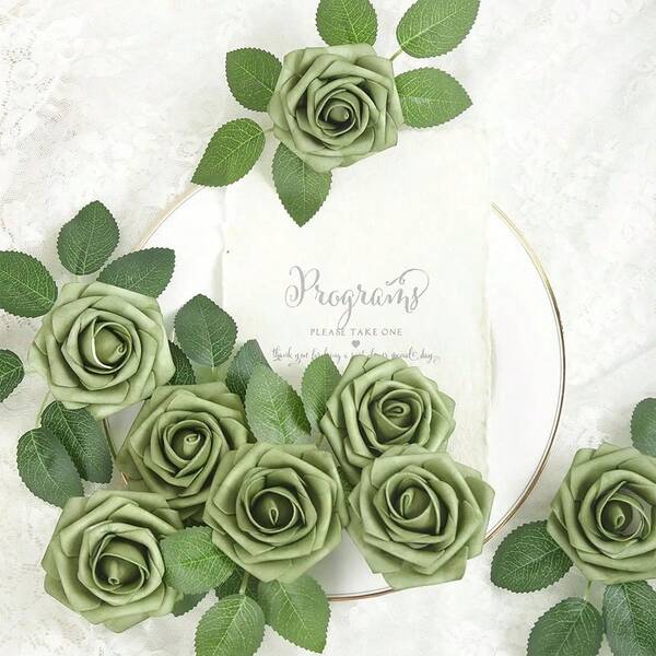 Artificial Flower 5/10/15/20/25/30pcs Real Version Fairy Green Foam False Rose With Stem, Used For DIY Wedding Bouquet Bride Shower Center Piece Sage Green Flower Decoration Home Decoration (OPP Bag Packaging Excluding Box)
