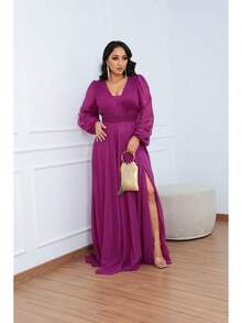 Women's Long Aurora Tulle Dress With Shiny Long Sleeves - 玫瑰紅 - 查看 3