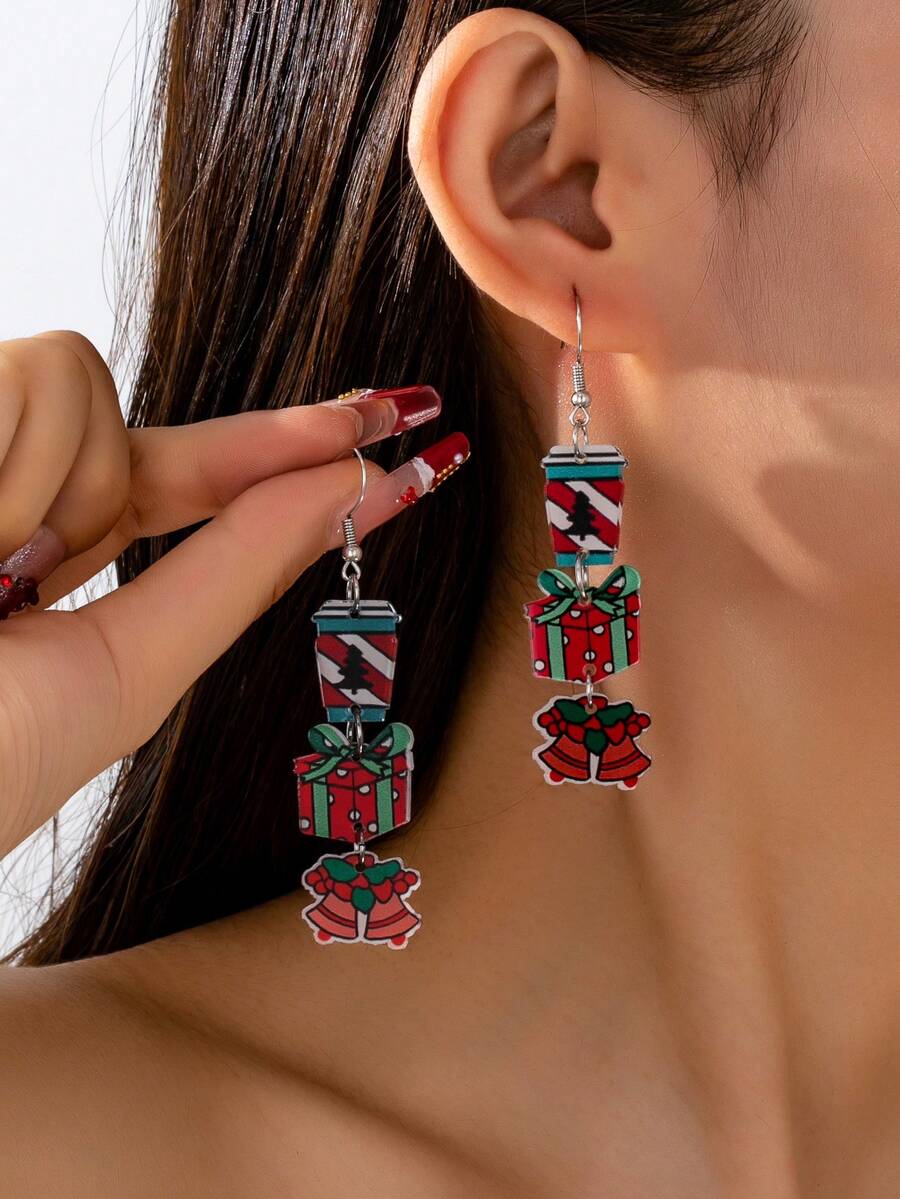 1 Paar Acryl Weihnachts-Hängeohrringe, Geschenkbox Glöckchen Tropfen Ohrringe, Feiertags Festliche Schmuckgeschenke für Frauen & Mädchen