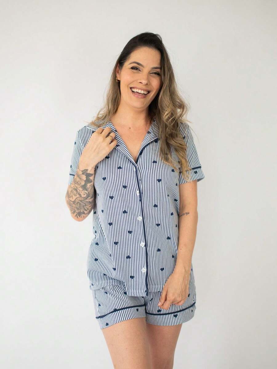 Flávia Short Sleeve American Pajamas - Navy Striped Heart - Azul Marino - Ver 1