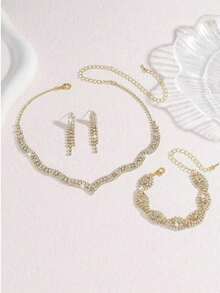 Conjunto de joyería para mujer - Collar, aretes y pulsera, adecuado para bodas y fiestas - Dorado - Ver 4