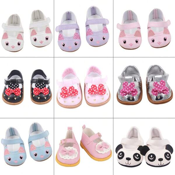 1 par de zapatos de muñeca lindos de 7 cm con diseños de moño, conejo y calavera, zapatos bordados con panda aptos para muñecas americanas de 18 pulgadas y muñecas recién nacidas de 43 cm, accesorios para casa de muñecas