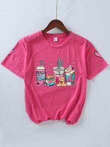 Camiseta de cuello redondo con estampado de postre dulce y corazón, top casual suave y cómodo para adolescentes, verano - Rosa Fucsia - Ver 7