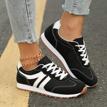 Sneakers For Women Fashion Tennis Shoes Casual Athletic Solid Color Low Top Lace Up Plain Toe Fabric Inner PVC Sole For Outdoor Walking Office Travel Spring Fall - Đen và trắng - Xem 6