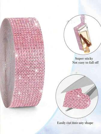 1 Roll Self-Adhesive Shiny Crystal Rhinestone Ribbon, Christmas Decor Rhinestone Glitter Stickers, DIY For Car, Computer, Makeup Desk, Crafts, Wedding Party Decoration Sticker Pack, 2mm Rhinestone (Red/Silver/Pink/Gold)