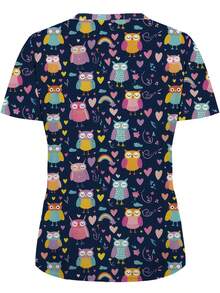 All-Over Print, Two Pockets, Nurse Uniform, Women's Clothing Professional Wear, Nursing, Dental, Beauty Salon, Healthcare Uniform, Women's Doctor Scrub Top, Short Sleeve Knit Fabric All Seasons - Multicolor - View 2