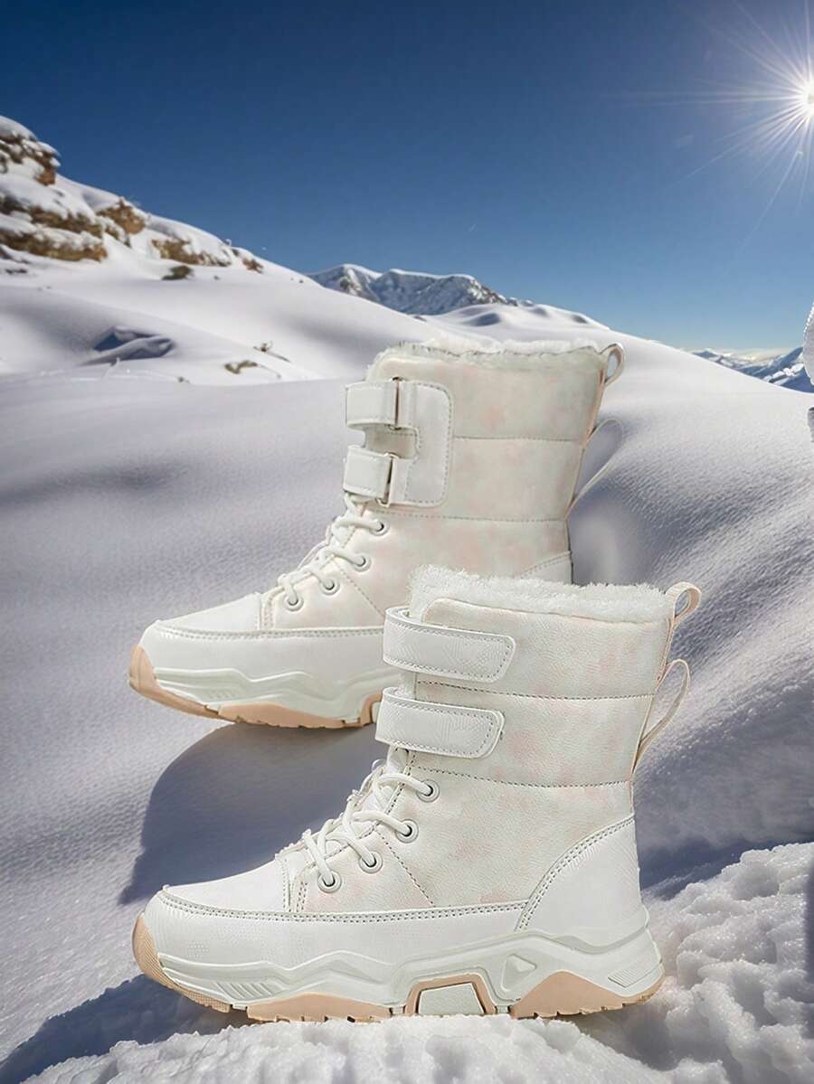 Girls' Winter Snow Boots, Solid Color PU Upper, Thermal Lining Warm, Mid-Calf, Outdoor Casual Boots, Snowflake Pattern Hook And Loop, TPR Wear-Resistant Anti-Slip