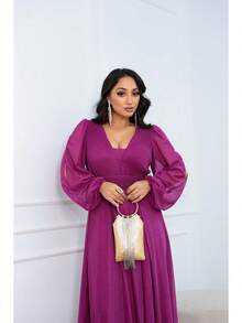 Women's Long Aurora Tulle Dress With Shiny Long Sleeves - 玫瑰紅 - 查看 4