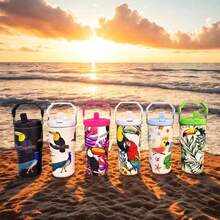 900ML  Cup Toucan Pattern Bottle With Cartoon Handle Stainless Steel Large Capacity Thermal Insulation Vacuum Car Water Cup Suitable For Sports, Wedding, Business, Home, Car, Office, Outdoor, Travel, Gifts, School And Other Festivals - 藍色的 - 查看 5