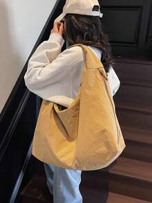 2025 New Khaki Nylon Fabric Bag, Large Capacity Solid Color Shoulder Bag, Casual Japanese Style Tote Bag, Versatile College Student Schoolbag, Minimalist Fashion Handbag, Short Trip Travel Bag, Double Zipper Side Pockets, Crescent-Shaped Bag - Màu Khaki - Xem 8