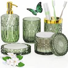 Bộ phụ kiện phòng tắm bằng thủy tinh đính đá Rhinestone 5 món, bao gồm hộp đựng kem dưỡng da, đĩa đựng xà phòng, giá để bàn chải đánh răng, bình đựng cốc và tăm bông, đồ trang trí hiện đại làm quà tặng tân gia Trang trí phòng tắm tại nhà khi trở lại trường - màu xanh lá - Xem 11