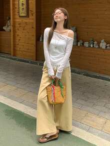 甜美蕾丝拼接露肩长袖T恤，夏季独特修身抽绳背心两件套休闲白色 - 白色 - 查看 9
