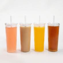 2pcs 4pcs 24oz Reusable Water Tumbler Glass Drinking Juice Coffee Tea Cup Set With Plastic Lids And Glass Straw, 700ml Glass Iced Coffee Cup With Lids And Straws For Smoothie Juice Drinks, Elegant Simple Restaurant Hotel Service Glass Drinkware Set - 4pcs tumbler with plastic lid - 查看 6