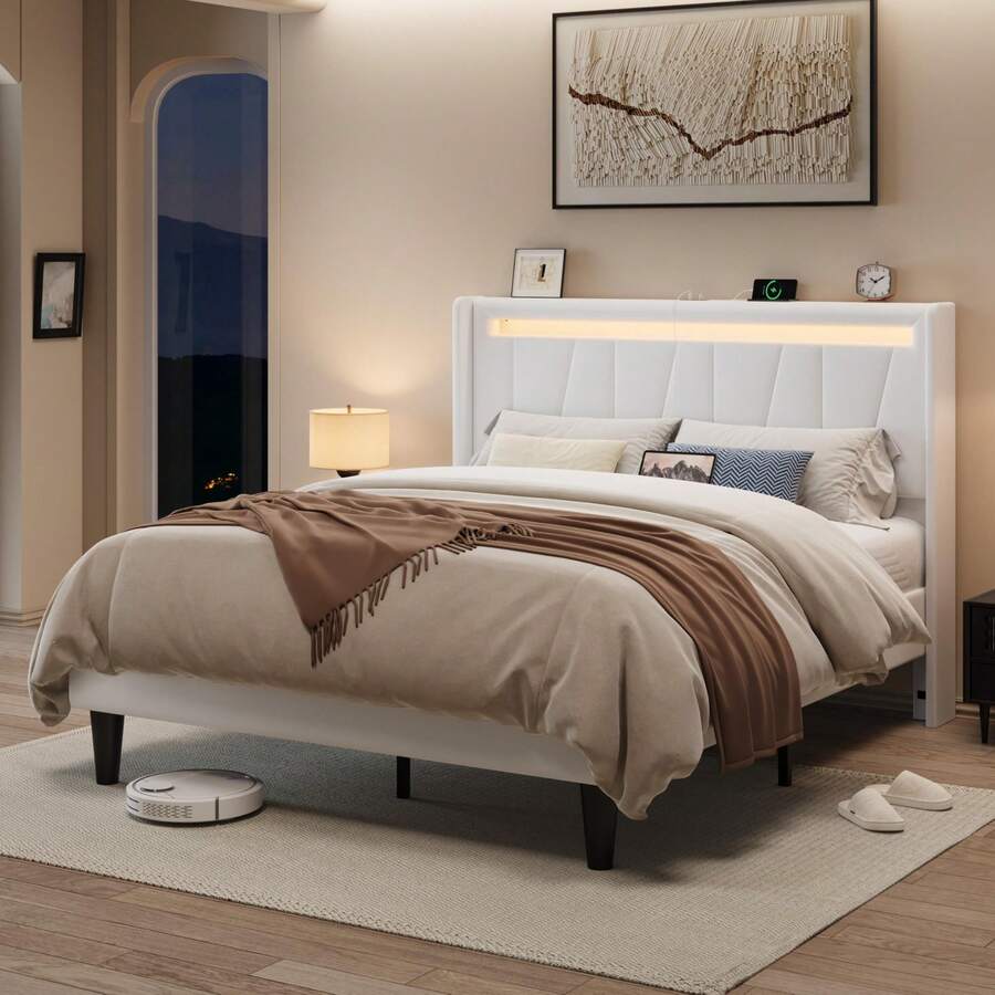 Allewie Full/Queen/King Size LED Bed Frame With Charging Station, Velvet Upholstered Platform Bed With Geometric Wingback Headboard, Modern Frame With No Box Spring Needed, Easy Assembly, White - View 1