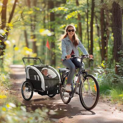  HOMCOM 2 Seat Bike Trailer For Kids, Baby Bike Stroller With 5 Point Harness, Child Bicycle Trailer With Ty Flag, Reflectors, Windproof Curtain, For 18+ Months, Black