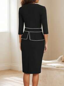 HOMEYEE 3/4 Sleeve Color Block Vintage Elegant Office Lady Bodycon Dress Spring - Black and White - View 3