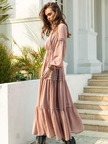 Rusttydustty 雪纺红色V领系腰优雅女士长裙，休闲波西米亚风，适合度假、情人节、新年派对等场合 - 藕粉色 - 查看 5