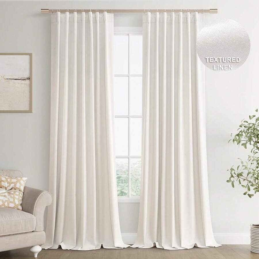 Beige Linen% Blackout Curtains 84 Inch Long, Rod Pocket/Back Tab/Hook Belt/Clip Rings, Thermal Insulated Drapes Bedroom Living Room With Hooks (1 Panel, 60 X 84), Stylish Window Treatments - 象牙 - 查看 1