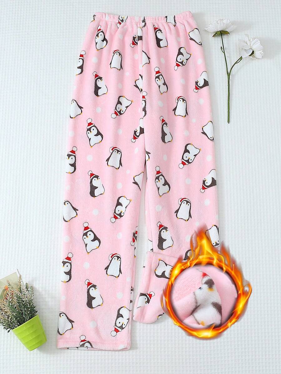 1pc Women's Cute Pink Penguin Print Soft & Comfortable Flannel Lined Fluffy Pajama Pants, Autumn/Winter, Cozy - Pink - View 1
