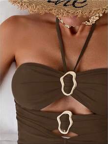 1-Piece Sexy Monokini Swimsuit With Halter Neckline And Metal Cutout Detail, Summer - 棕色 - 查看 3