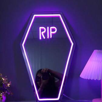 Coffin RIP Neon Mirror Sign, Gothic Room Decor, Coffin Mirror Sign, Party Coffin Decoration, Gothic Lover Gift, USB Powered Dimmable Switch For Gaming Bedroom Bar Man Cave Bar Restaurant Party Wall Decoration Halloween Decoration