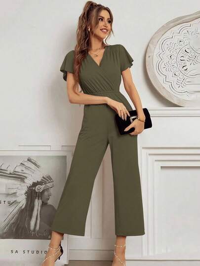 Elegante Mono De Pierna Ancha Liso De Cuello V Con Manga Corta Casual Para Mujer