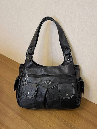 1pc Vintage Large Capacity Handbag, Vintage PU Shoulder Messenger Bag, Women Casual Tote Bag And Wallet