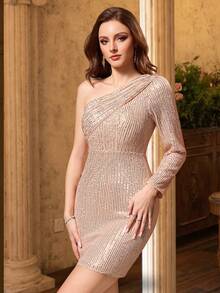 Vestido ceñido de manga larga con hombro asimétrico, pliegues delanteros y detalles de lentejuelas, adecuado para fiestas, banquetes y galas de noche