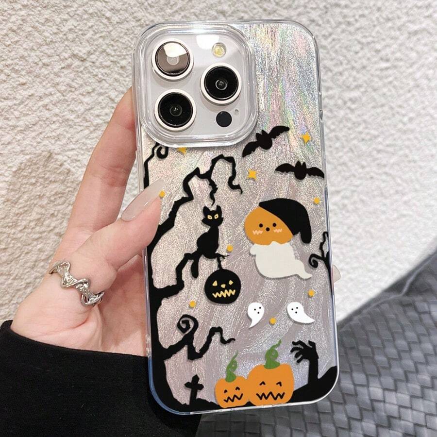 全新大孔羽毛网 IMD 渐变 PC+TPU 二合一亮面万圣节黑猫、蝙蝠、幽灵、南瓜、蜘蛛彩绘防摔手机壳兼容 16/11/16pro/16plus/16promax/16e/15Promax/13/14/12/XS/XR/7G/8P，兼容三星 S21 S22 S23 S24plus S25Ultrl S25FE A04 05 06 07 A10 11 12 13 14 15 16 17 A20S 21 23 24 A30S 31 32 33 A50 A52S 53 54 A71 A73