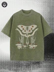 230g Washed, Moth Totem Printed Men's T-Shirt, High-Quality Wax Printed Cotton All Season Casual T-Shirt, Perfect Gift For Streets Or Outdoors, Festivals - xanh quân đội - Xem 1