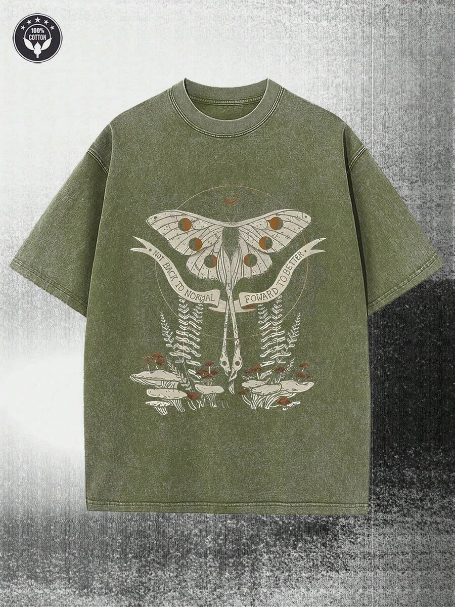 230g Washed, Moth Totem Printed Men's T-Shirt, High-Quality Wax Printed Cotton All Season Casual T-Shirt, Perfect Gift For Streets Or Outdoors, Festivals - xanh quân đội - Xem 1