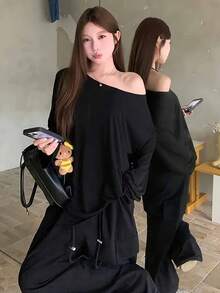 女式黑色简约百搭纯色露肩浪漫海滩街头 Y2K 别致 T 恤 - 黑色 - 查看 2