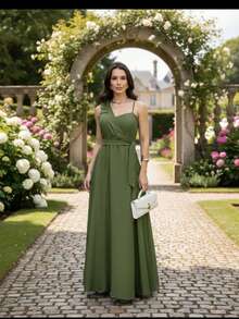 Women's Long Dress With Wrap Neckline And Lastex Cup - Elegant For Parties, Weddings And Special Events - 軍綠色 - 查看 3