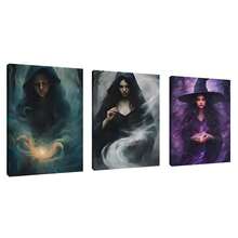 3 pièces Peinture de décoration d'Halloween sorcière de la forêt magique, affiches murales sur canevas, impression haute définition avec cadre en option, affiche rétro de l'académie sombre, décoration murale pour le salon et la chambre à coucher