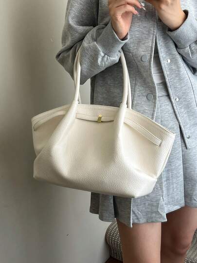 Large Capacity Solid Color PU Shoulder Bag For Women, Vintage Fashion Dual Handle Handbag With Snap Closure Design, Suitable For Travel, Shopping, Dating, College Students And Office Workers Commute Tote Bag