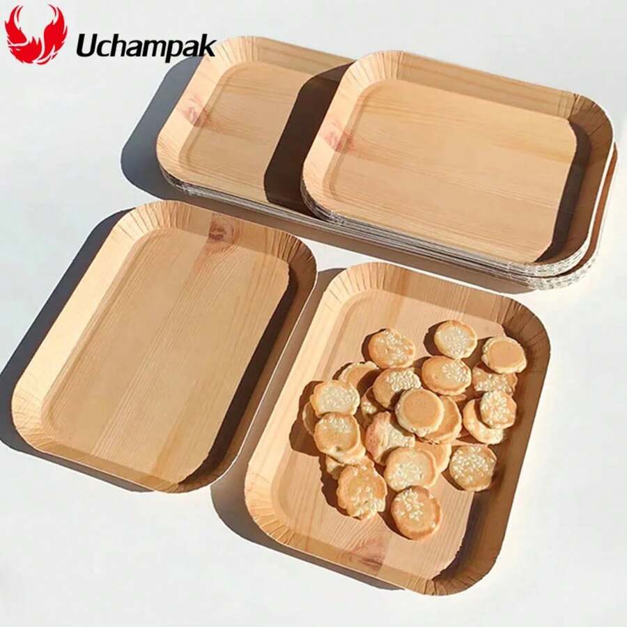 10/20pcs Disposable Rectangle Plates Compostable Wood Grain Paper Tray Bread Dish Dinner Paper Plate Disposable Table Accessorie - Short Plates - View 1