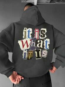 男士秋冬品牌趣味拼贴字母拼接连帽卫衣，时尚与功能完美结合，长袖上衣 - 深灰色 - 查看 5