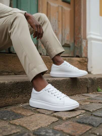 Ténis Masculino Sapatenis Casual Confortável Branco Macio 100% Couro Estiloso Sola Alta