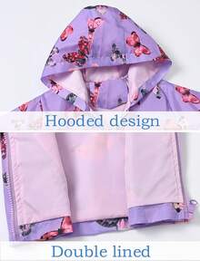 SEAUR Niños Pequeños Niñas Chaqueta Estampado Dibujos Animados Chaqueta Cortavientos Ligera con Capucha Cremallera Cortaviento Ropa de Exterior - Violeta- Mariposa - Ver 4