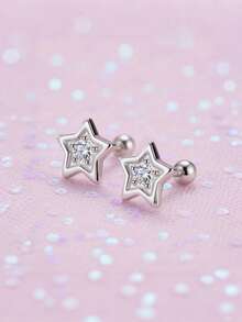 Artepollo 1pc 925 Sterling Silver Hypoallergenic Star Stud Earrings, Inlaid With Sparkling Cubic Zirconia, Spiral Ear Backs For Secure Wear, Delicate & Adorable, Gift Box Packaging, Suitable For Daily Wear Or Holidays, Gift For Girls, Friends, Back To School, Christmas