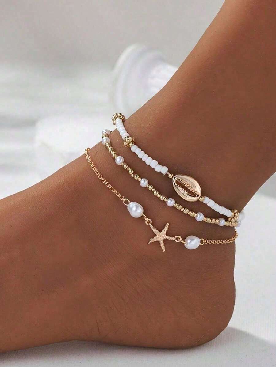 Set de 3 piezas de pulseras de verano con estilo de playa, con estrella de mar y concha de metal y cuentas de vidrio para mujeres - Multicolor - Ver 1