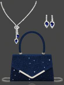 闪亮、优雅、时尚、迷人的水钻翻盖手提包,精致的女士晚宴包,搭配闪光水钻首饰三件套,奢华精致的水钻项链、手链和耳环,搭配婚纱、派对礼服、毕业礼服,适合女士派对、婚礼、晚宴、宴会晚宴包。 - 藏蓝色 - 查看 12