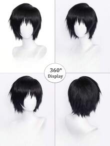 12 英寸黑色多色动漫假发带刘海 - 耐热，短直发款式，适合万圣节角色扮演和日常佩戴 - 彩色 - 查看 8