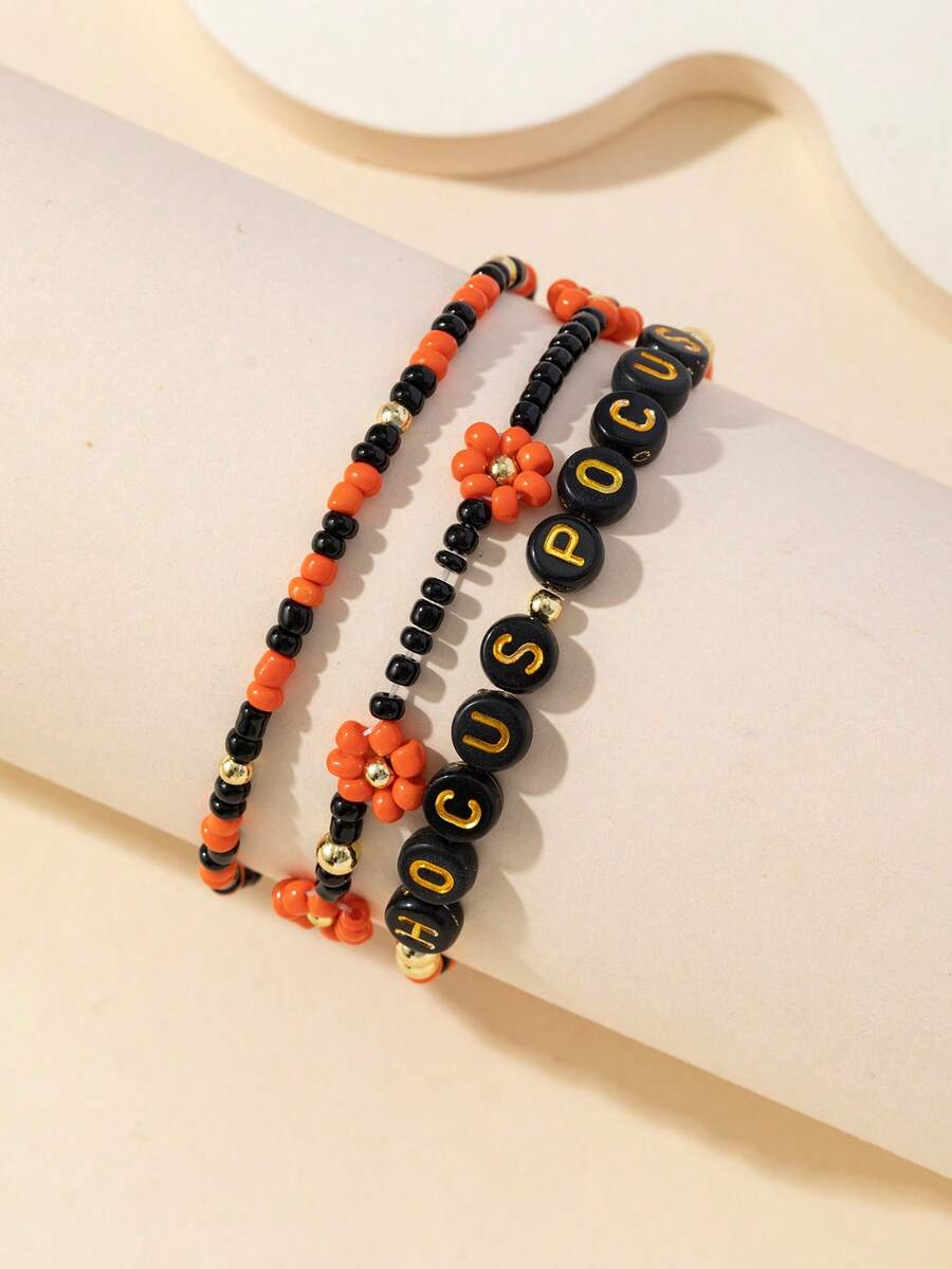 3pcs/Set Halloween Beaded Letter & Floral Elastic Bracelet For Women, Fashionable & Versatile