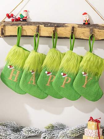 1Pc Christmas Green Christmas Stocking Decorative Pendant - Green Plush Letter Embroidered Stocking, Polyester Fiber Decoration For Holiday Doors, Easy To Hang, Christmas Decorative Stocking Gift Bag, Suitable For Christmas, New Year, Front Door Holiday Accessories, Smooth Texture Ribbon, Christmas Tree Decorative Pendant, Home Decoration, Gifting, Christmas Gift Christmas Decorations Home Christmas Gifts Christmas Decor