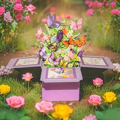 1 Biglietto di compleanno 3D: Disegno di fiori e farfalle, carta di alta qualità - ottimo per genitori/amici/nonni, regalo di compleanno unico e creativo